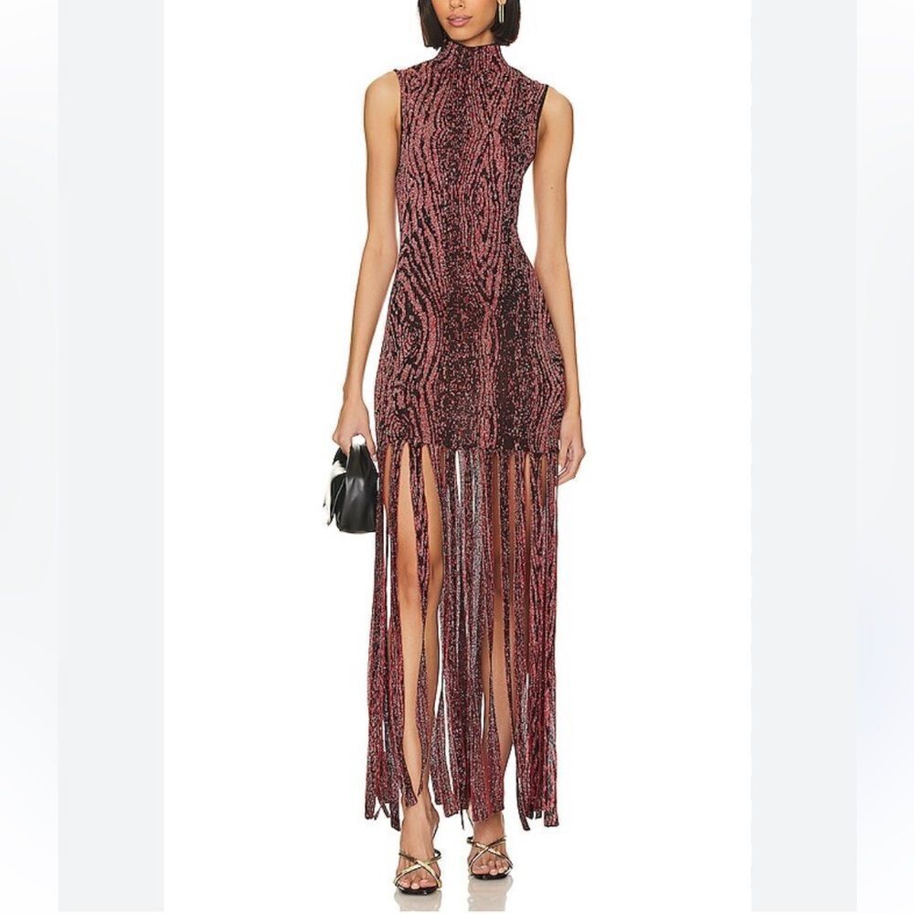 NWT Misa Josephine Dress Pomegranate red black knit car wash fringe Revolve L